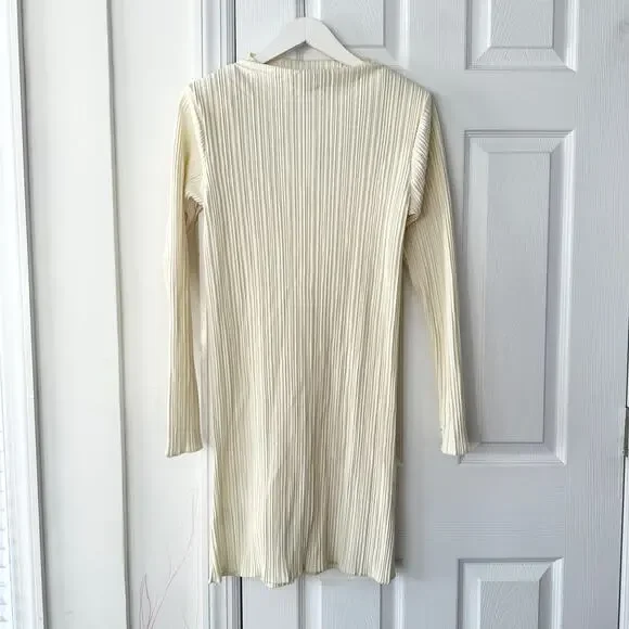 Anine Bing Kira Buttercream Padded Shoulder Accordion Pleated Shift Dress Small